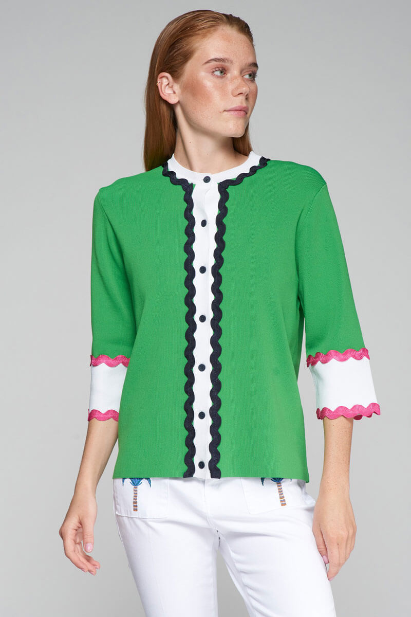 Ondulina Cardigan in Green available at Mildred Hoit in Palm Beach.