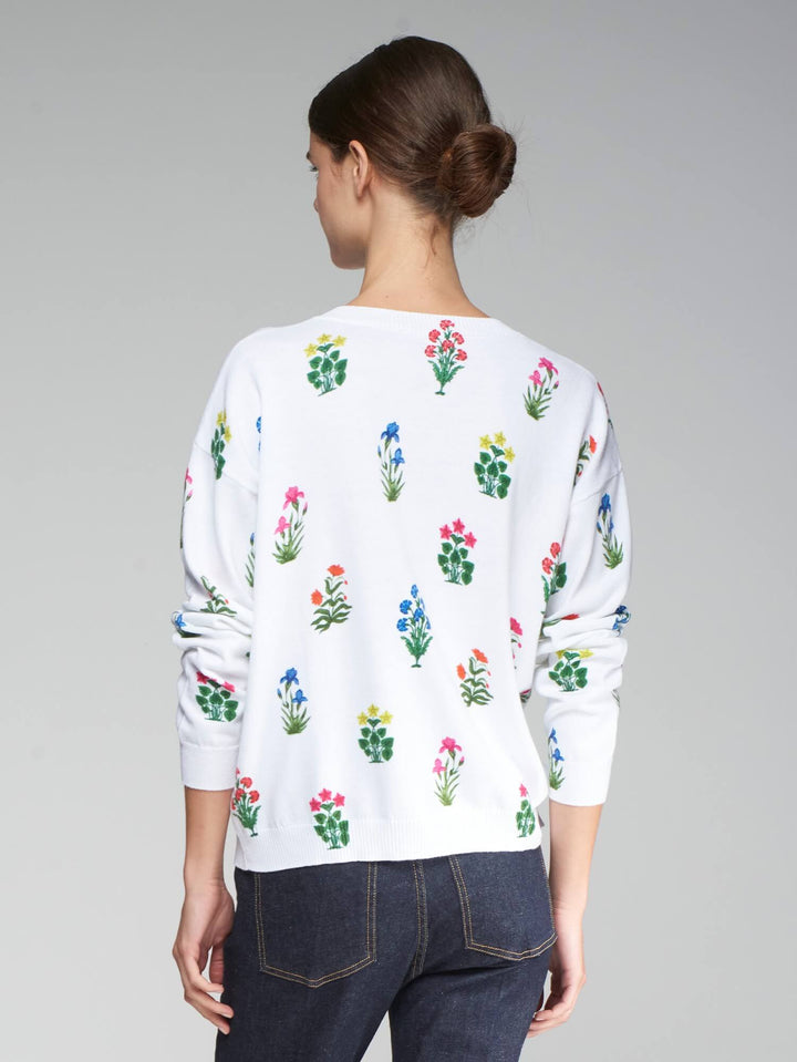 Back of Model Wearing Jersey Knit Sweater in Floral.