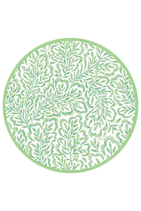 Caspari Block Print Leaves Round Paper in Green available at Mildred Hoit in Palm Beach.