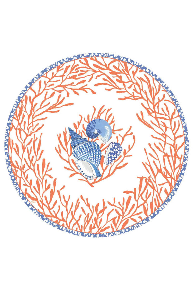Caspari Shell Toile Paper Placemats in Coral and Blue available at Mildred Hoit in Palm Beach.