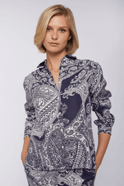 Vilagallo Isabella Blouse in Navy Paisley available at Mildred Hoit in Palm Beach.