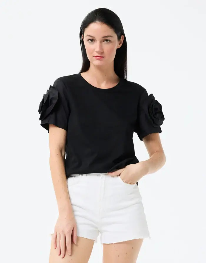 Leo & Ugo Tee with Floral Sleeve Detail in Black - Mildred Hoit