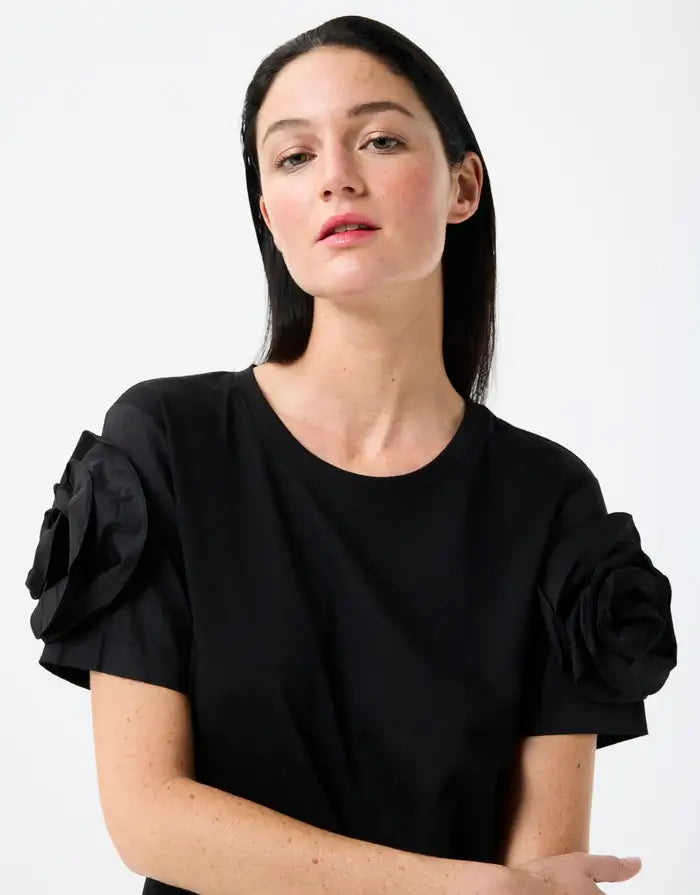 Leo & Ugo Tee with Floral Sleeve Detail in Black - Mildred Hoit