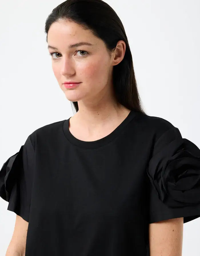 Leo & Ugo Tee with Floral Sleeve Detail in Black - Mildred Hoit