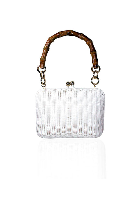 Serpui Giulia White Wicker Handbag with Bamboo Handle available at Mildred Hoit.