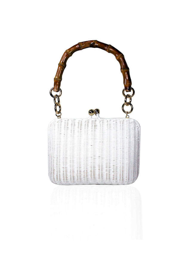 Serpui Giulia White Wicker Handbag with Bamboo Handle available at Mildred Hoit.