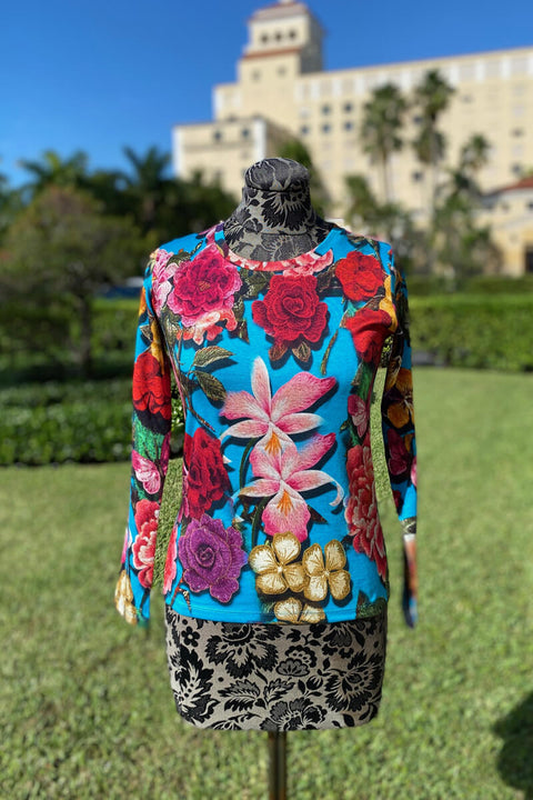 Pashma Turquoise Floral Sweater and Scarf Set available at Mildred Hoit in Palm Beach.