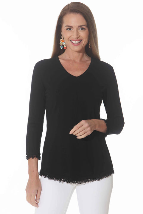 J'Envie V-Neck Sweater with Fringe Detail in Black available at Mildred Hoit in Palm Beach.