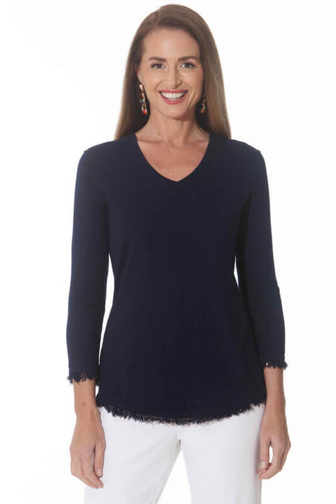 V-Neck Sweater with Fringe Detail in Navy available at Mildred Hoit in Palm Beach.