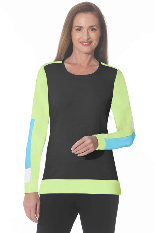 Colorblock Knit Sweater in Black and Kiwi available at Mildred Hoit in Palm Beach.