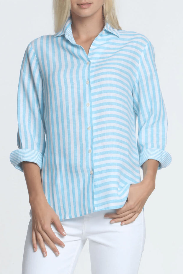 Hinson Wu Margot Blouse in Aqua and White available at Mildred Hoit in Palm Beach.