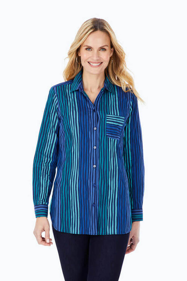Foxcroft Green and Blue Crinkle Stretch Ombre Tunic available at Mildred Hoit.