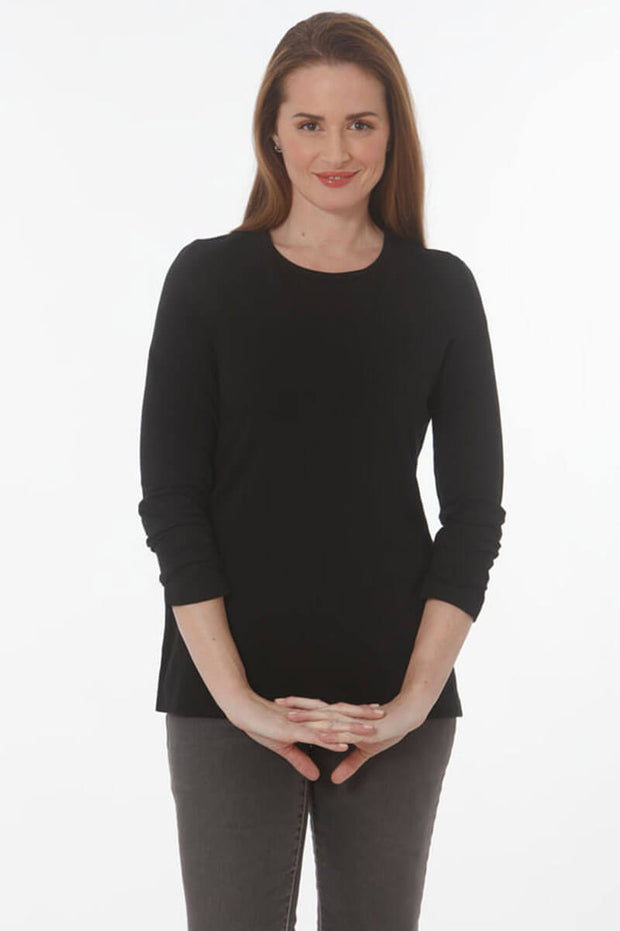 Rouched Sleeve Crew Top - Black available at Mildred Hoit.