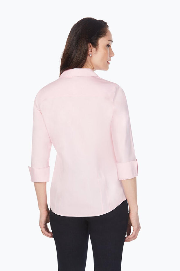 Back of Foxcroft Taylor 3/4 Blouse in Chambray Pink available at Mildred Hoit.