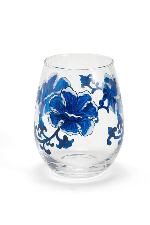 Blue and White Flower Stemless Wine Glasses
