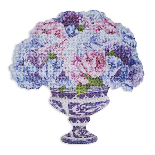 Blue and White Hydrangea Floral Arrangement Puzzle available at Mildred Hoit in Palm Beach.