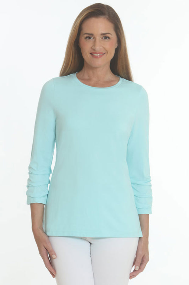 Rouched Sleeve Crewneck Top - Aqua available at Mildred Hoit in Palm Beach.