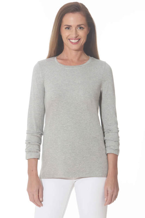 Rouched Sleeve Crewneck Top - Grey Pearl available at Mildred Hoit in Palm Beach.