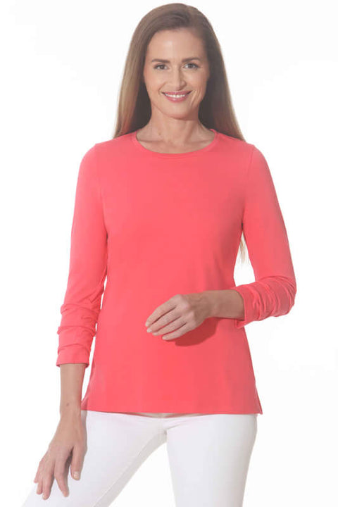 Rouched Sleeve Crewneck Top in Tulip available at Mildred Hoit in Palm Beach.