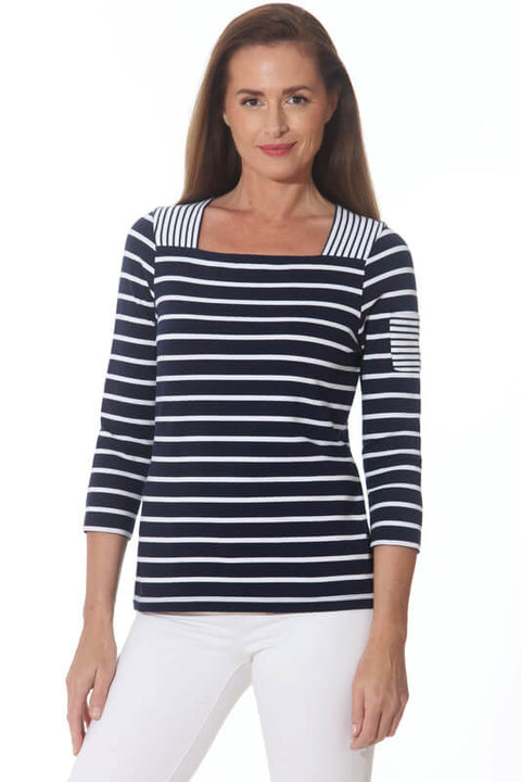 E.L.I. Navy and White Striped Square Neckline available at Mildred Hoit in Palm Beach.