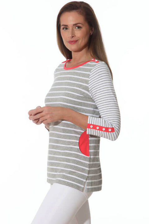 E.L.I. Grey Pearl and White Striped Tunic with Pockets available at Mildred Hoit in Palm Beach.