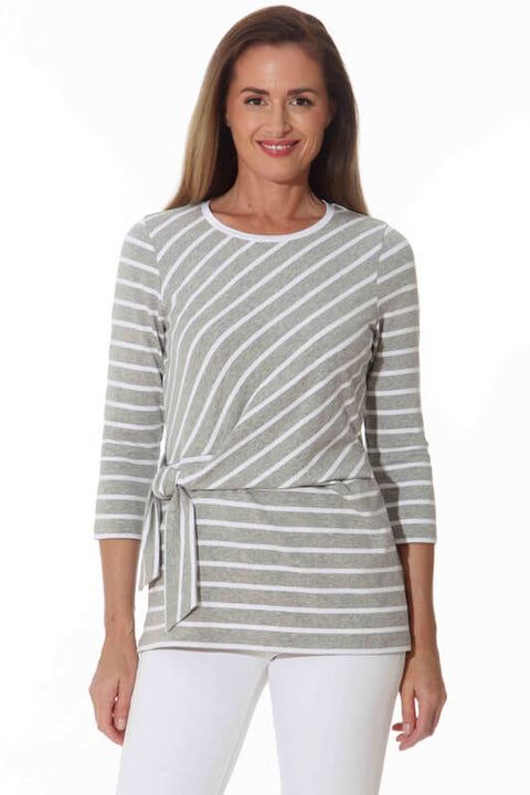 Grey Pearl and White Striped Shirt with Side Tie available at Mildred Hoit in Palm Beach.