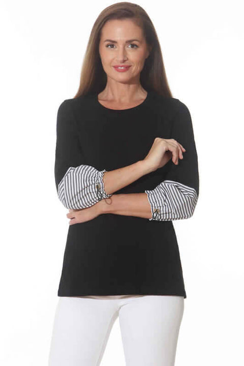 Knit Top with Striped Sleeve Detail in Black