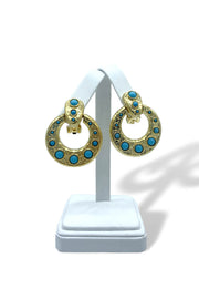 Kenneth Jay Lane Gold Doorknocker Earrings with Turquoise Cabochons available at Mildred Hoit in Palm Beach.