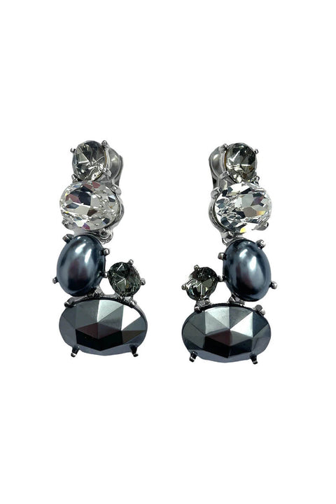 Kenneth Jay Lane Rhodium Crystal and Black Diamond Grey Pearl Drop Clip Earring available at Mildred Hoit in Palm Beach.