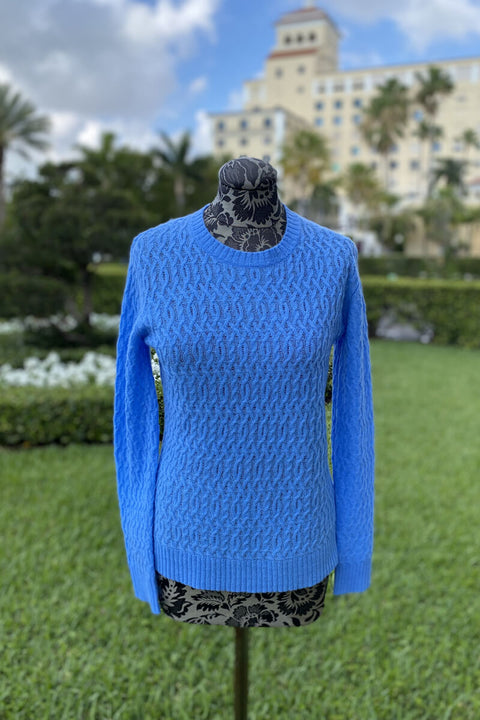 Fish Net Cable Sweater in Splash Blue available at Mildred Hoit in Palm Beach.