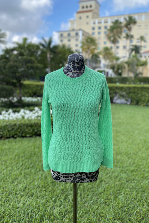 Fish Net Cable Sweater in Kelly Green available at Mildred Hoit in Palm Beach.
