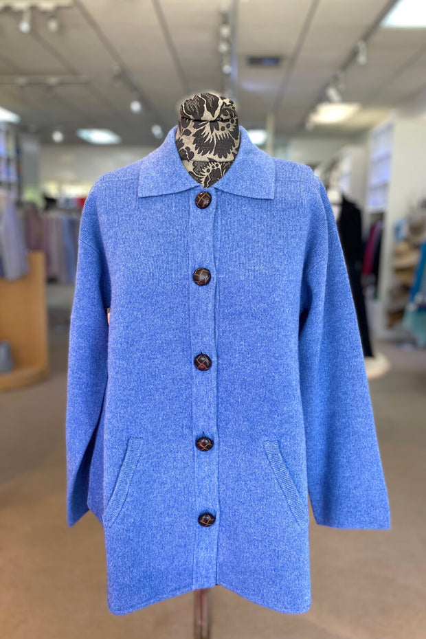Cashmere Button Down Jacket in Admiral Blue available at Mildred Hoit in Palm Beach.