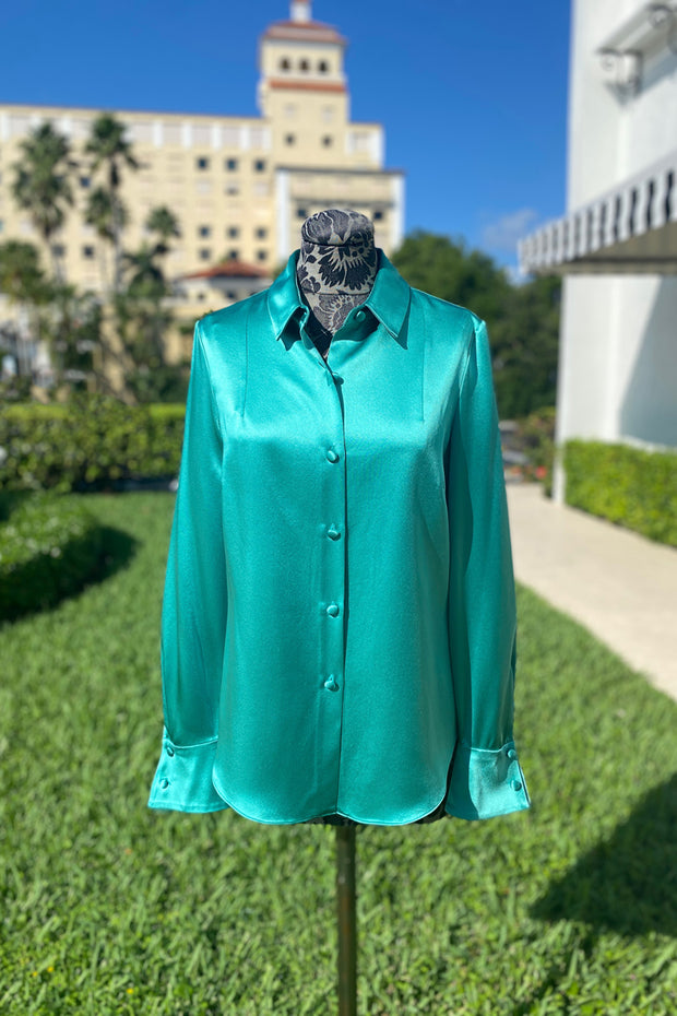 Mi Jong Lee Satin Button Down Blouse in Celadon available at Mildred Hoit in Palm Beach.