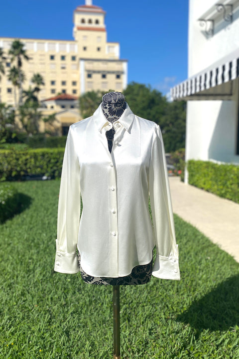 Mi Jong Lee Satin Button Down Blouse in Pearl available at Mildred Hoit in Palm Beach.