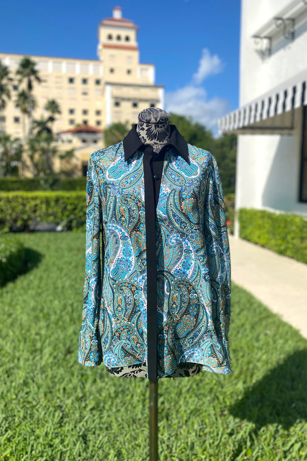 Mi Jong Lee Teal Paisley Blouse available at Mildred Hoit in Palm Beach.
