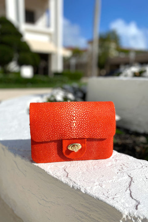 Orange Shagreen Handbag available at Mildred Hoit. 