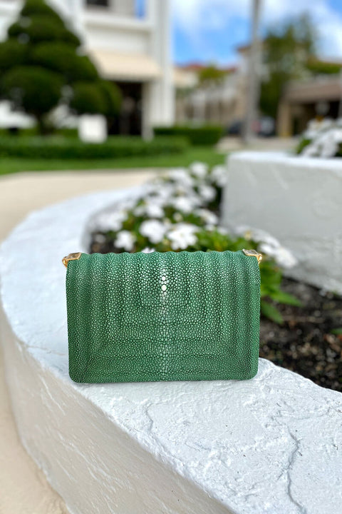 Green Shagreen Handbag available at Mildred Hoit.