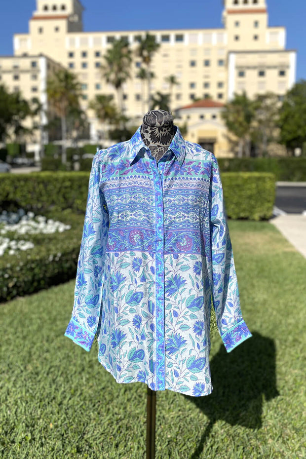 Bella Tu Camilla Shirt in Blue available at Mildred Hoit in Palm Beach.