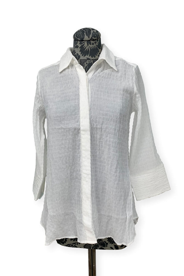 Button Down Crinkle Blouse in White available at Mildred Hoit in Palm Beach.