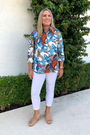 Paisley Blue and Orange Button Down Top available at Mildred Hoit.