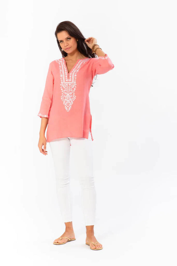 Sulu Cozumel Tunic in Rose and White available at Mildred Hoit in Palm Beach.