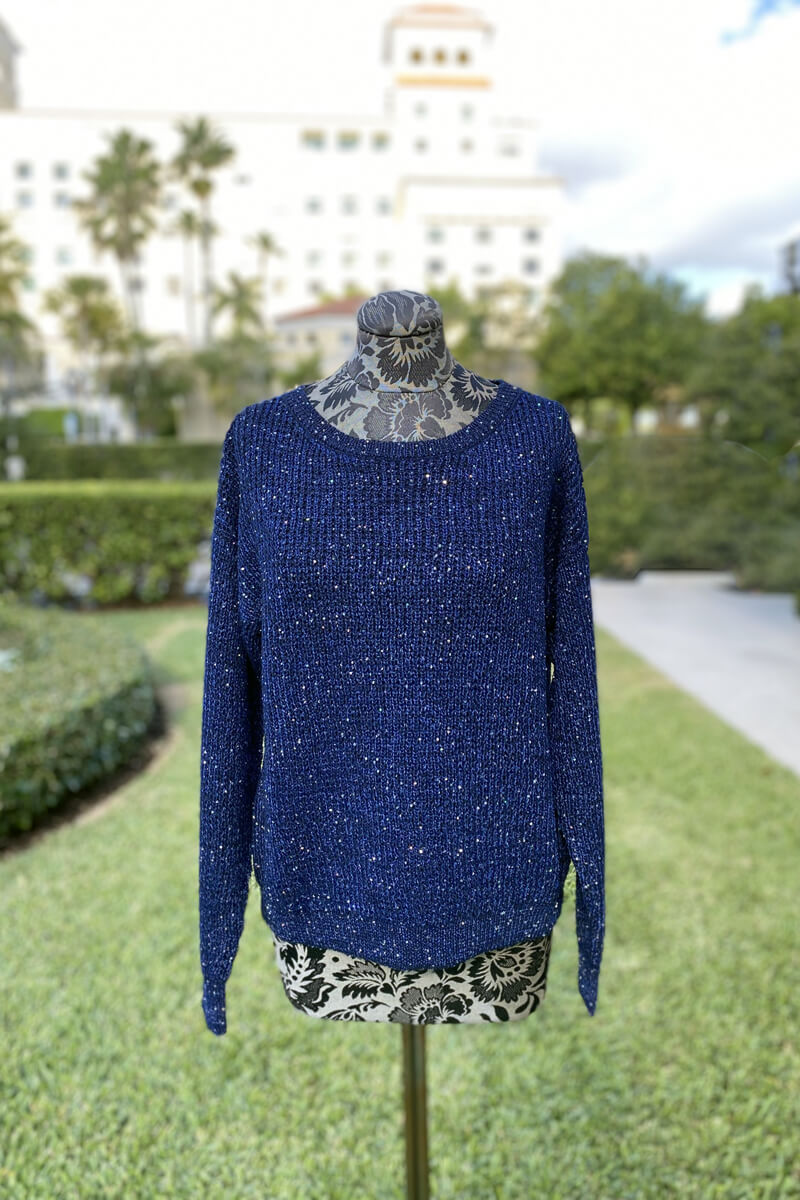 Italian Shimmery Cotton Crewneck Top in Navy Blue available at Mildred Hoit in Palm Beach.