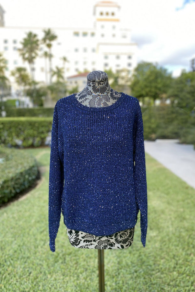 Italian Shimmery Cotton Crewneck Top in Navy Blue available at Mildred Hoit in Palm Beach.