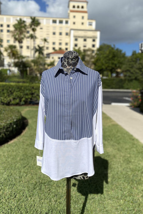 Italian Pinstripe Blouse in Navy and White available at Mildred Hoit in Palm Beach.