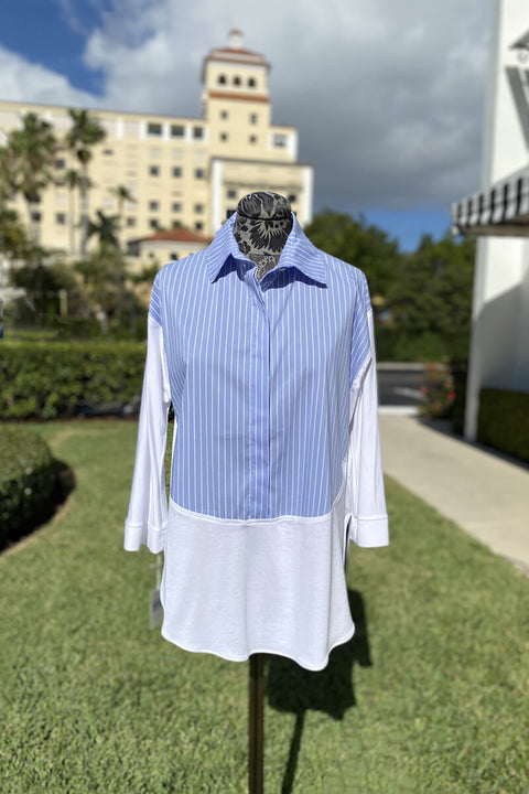 Italian Pinstripe Blouse in French Blue and White available at Mildred Hoit in Palm Beach.