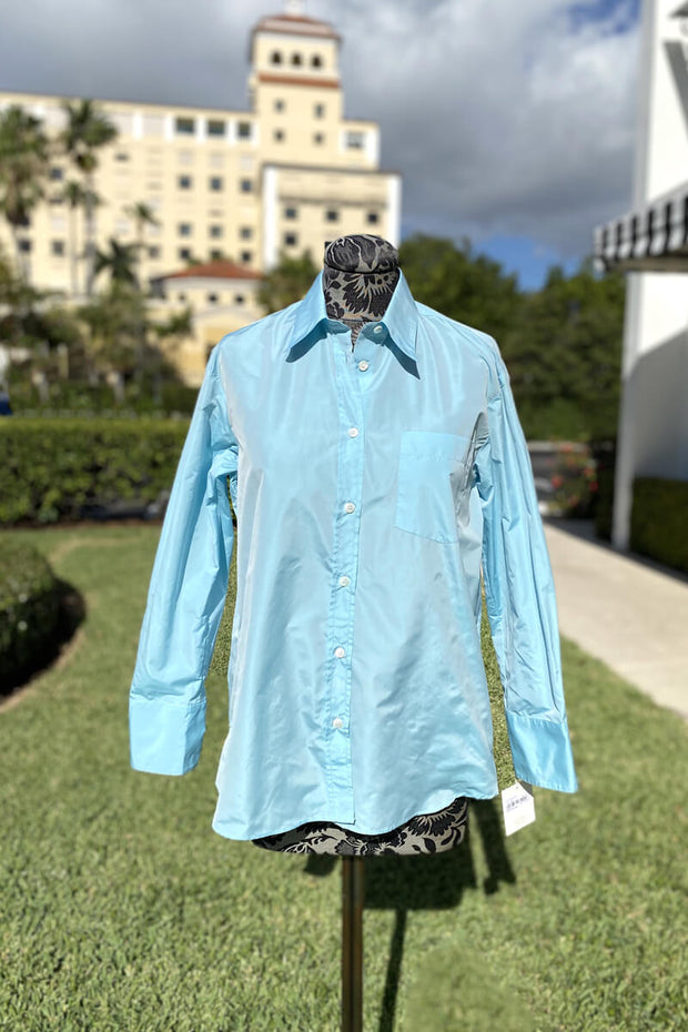 Italian Button Down Blouse in Light Blue available at Mildred Hoit in Palm Beach.