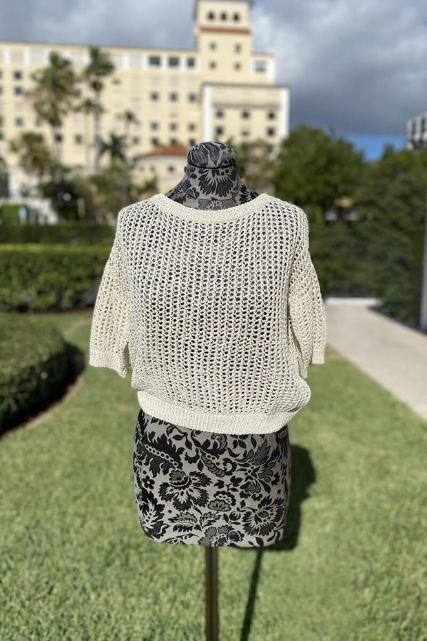 Shimmering Cotton Knit Sweater in Beige available at Mildred Hoit in Palm Beach.