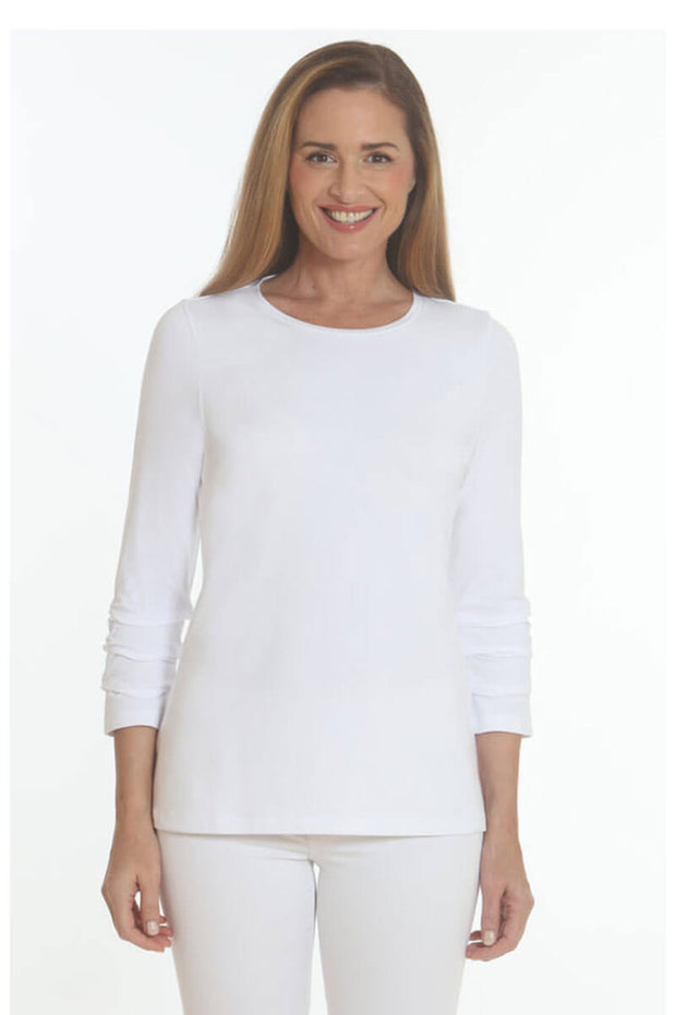 Ruched Sleeve Crew Top - White available at Mildred Hoit in Palm Beach.