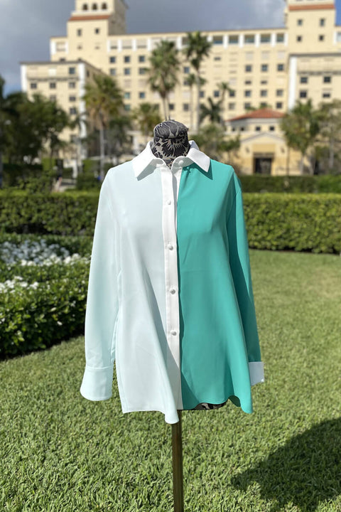 Emmelle Luxurious Crepe Tunic in Pearl and Eucalyptus available at Mildred Hoit in Palm Beach.