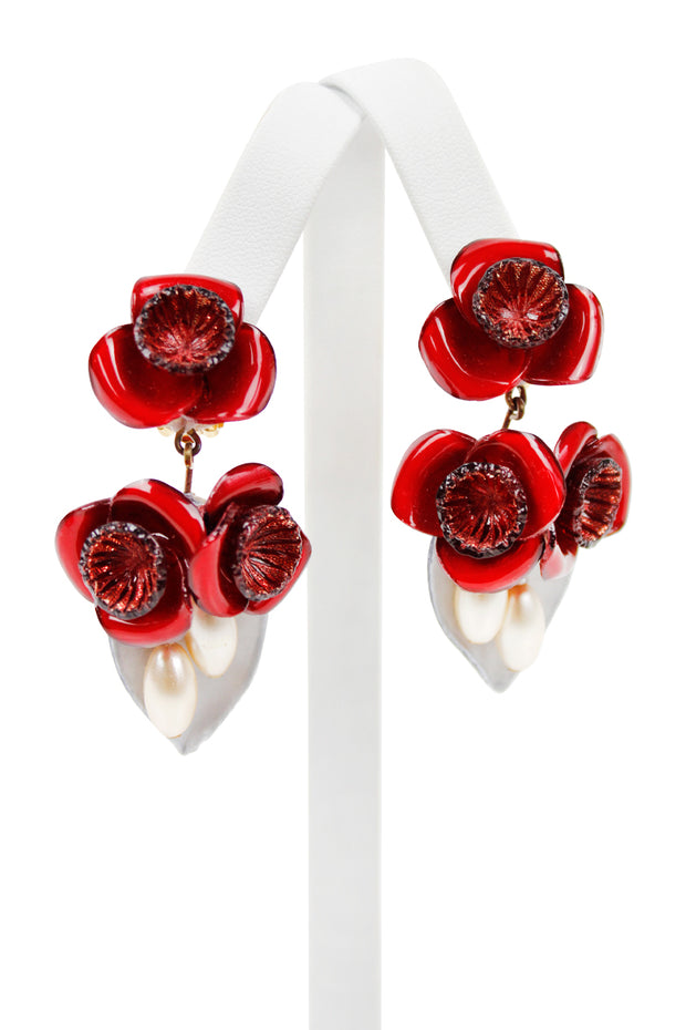 French Givre Large Drop Clip Earrings in Red